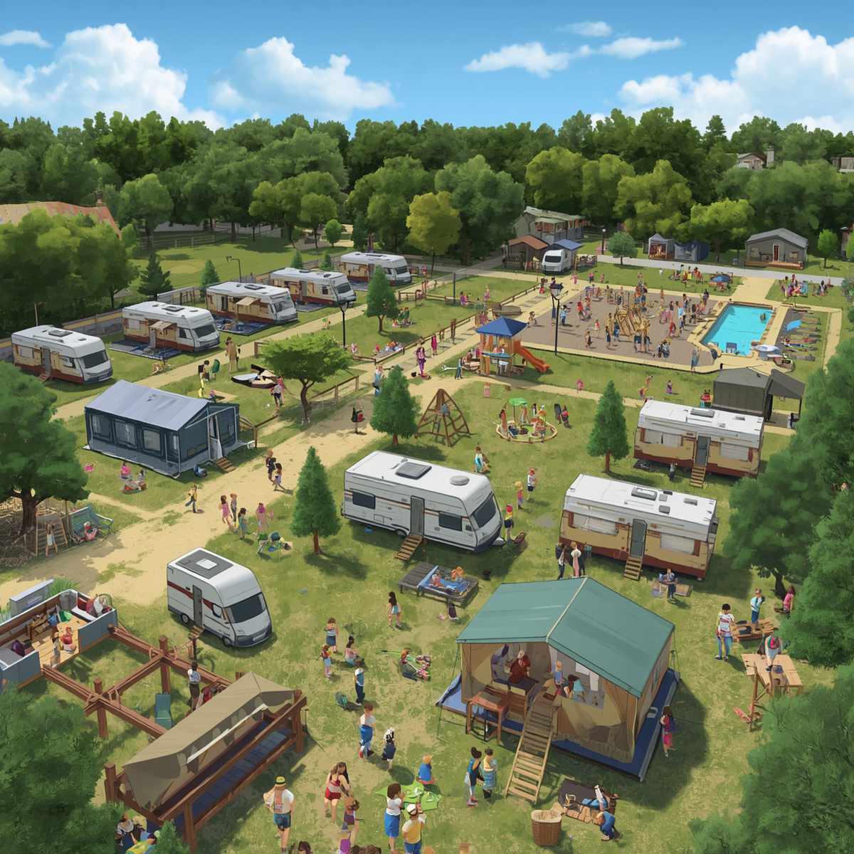Campeggio con spogliatoi, aree gioco, strutture ricreative, tende e roulotte, parco giochi per bambini, servizi igienici, area comune