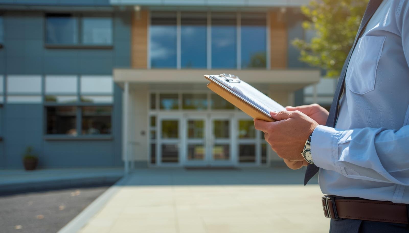 Vista esterna di un edificio scolastico moderno, professionista con clipboard e checklist che ispeziona l'edificio