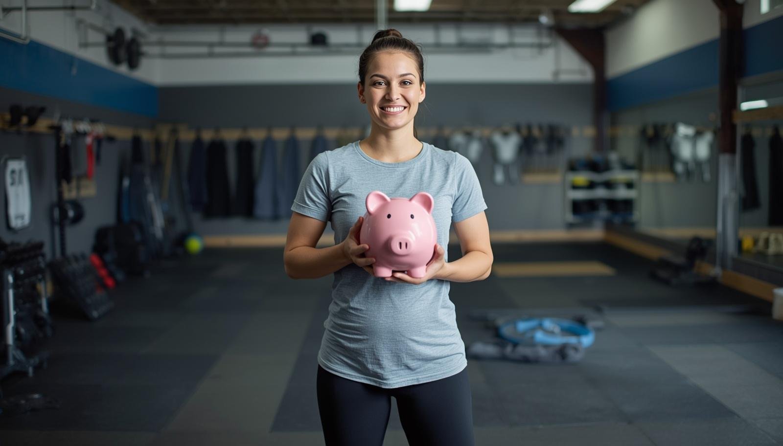 Una persona in piedi al centro di una palestra moderna che tiene in mano un salvadanaio rosa.