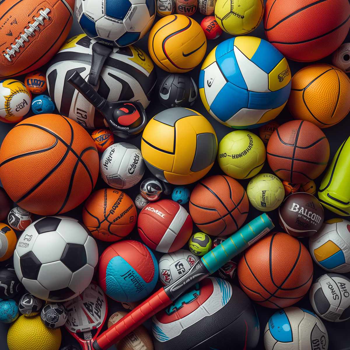 Immagine multi sport con diversi sport insieme, calcio basket pallavolo tennis padel, attrezzature sportive e palloni di vari sport, composizione dinamica e colorata, stile moderno e professionale